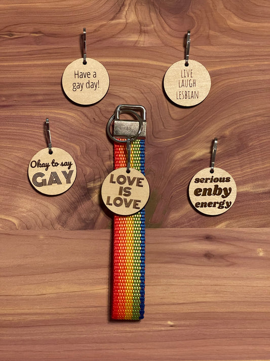Pride keychain with wooden charm